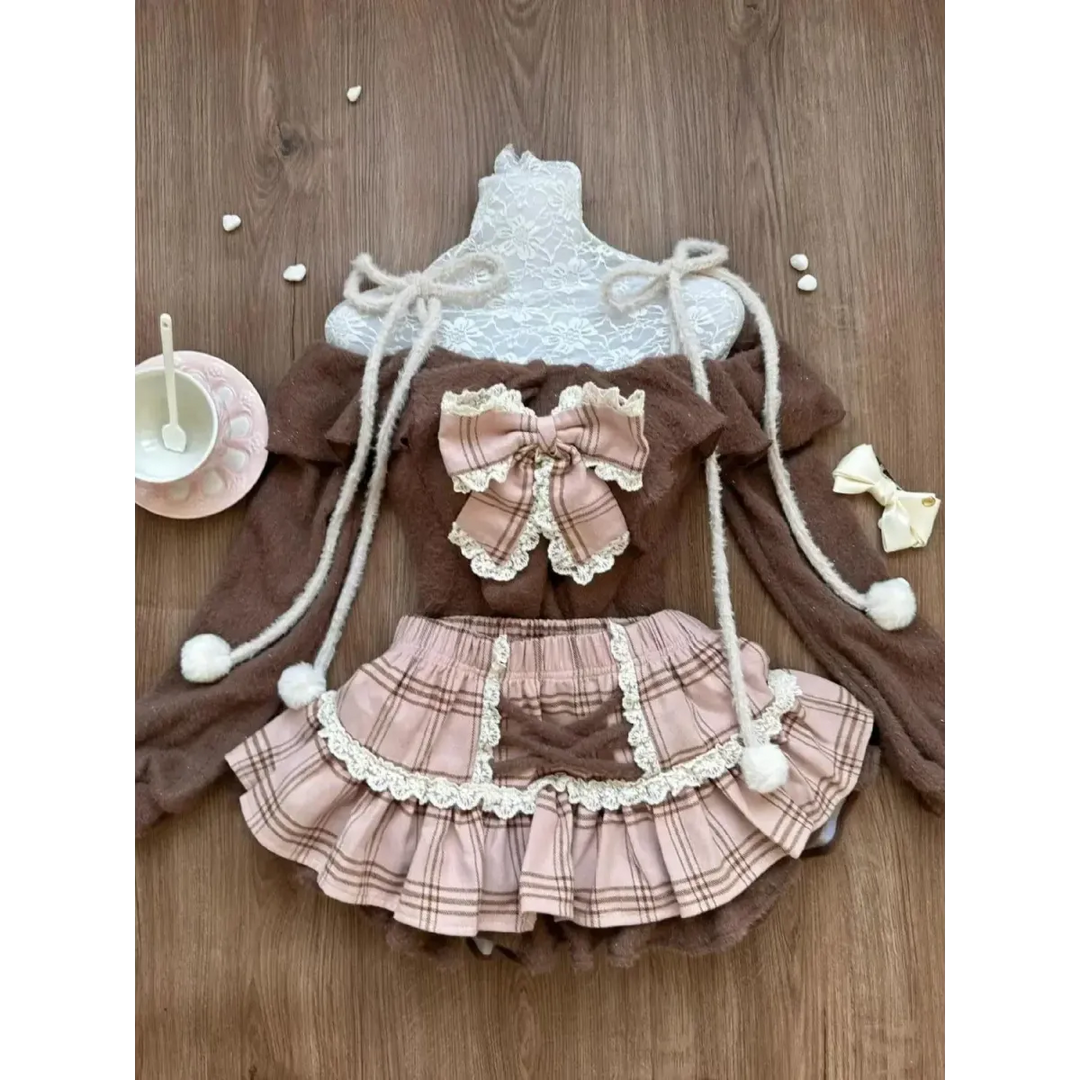Fuzzy Lolita Set – Bow Top & Plaid Mini Skirt Kawaii