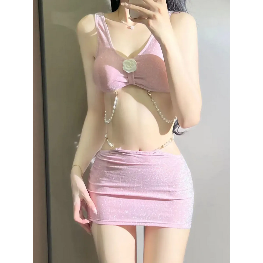 Glitter 3PC Bikini Set – 3D Flower Top with Pearl Chain Mini Skirt