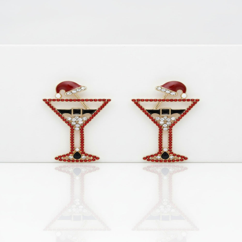 Stud Gold Tipsy Santa Red Martini Xmas Earrings