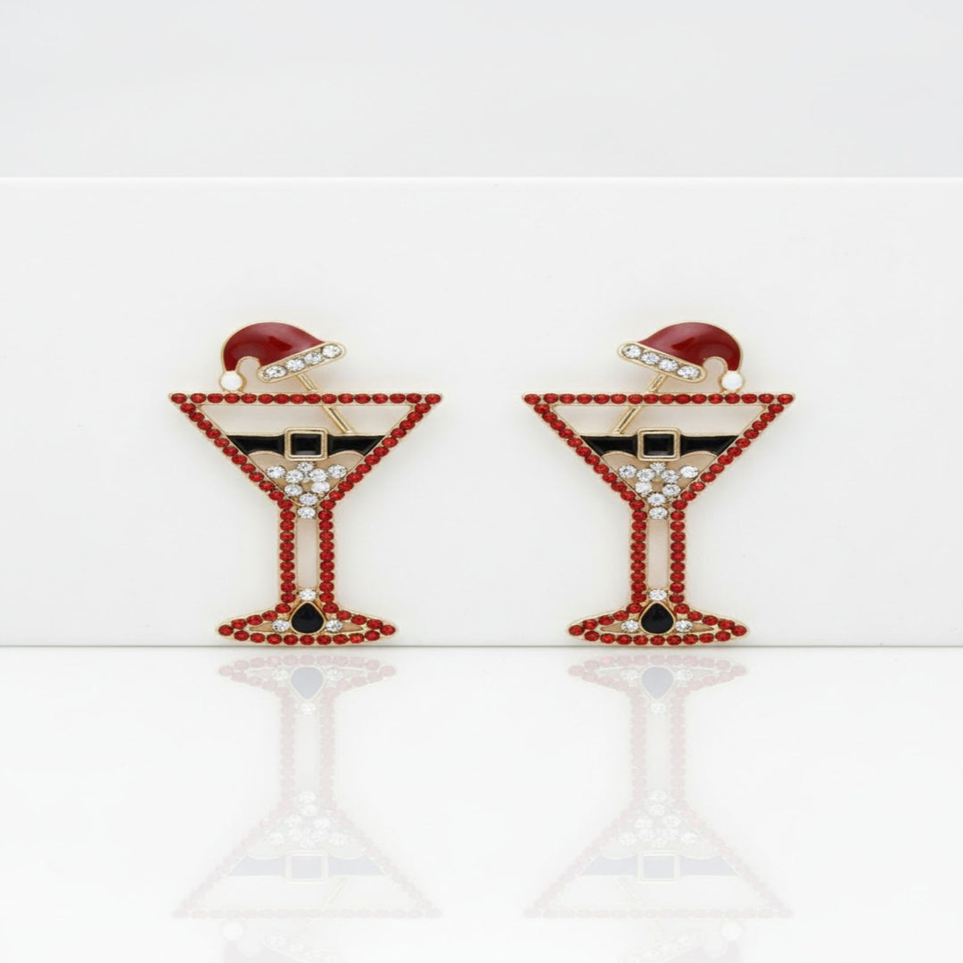 Stud Gold Tipsy Santa Red Martini Xmas Earrings