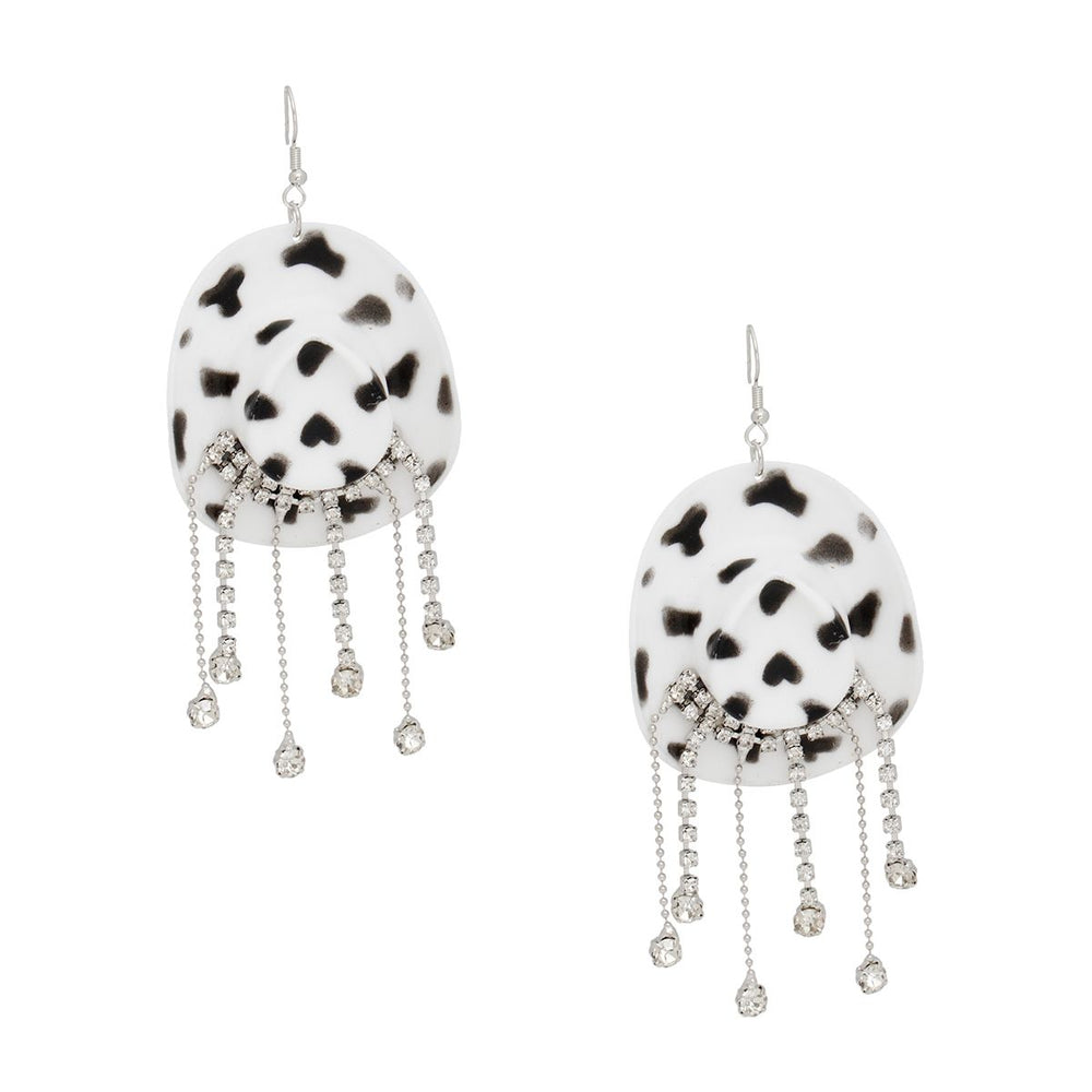 Fish Hook White Black  Cowgirl Hat Fringe Earrings