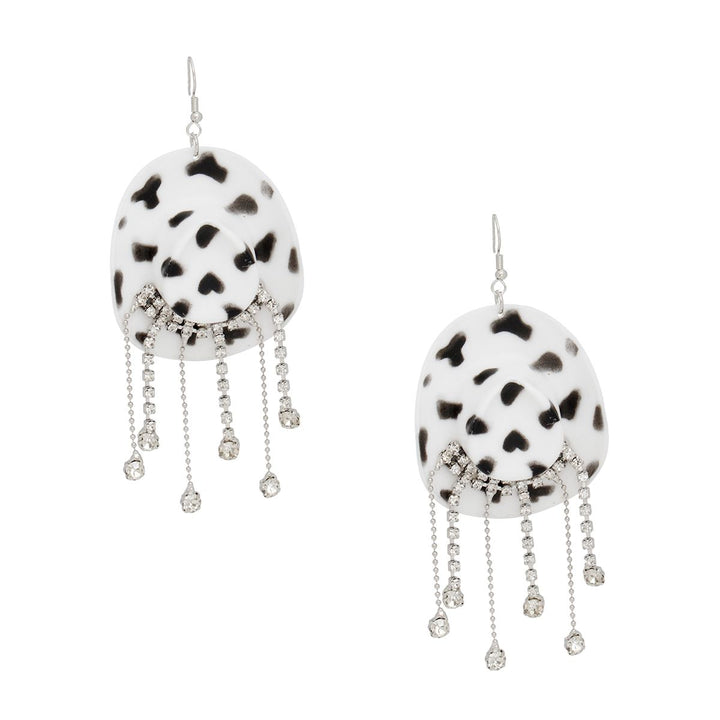 Fish Hook White Black  Cowgirl Hat Fringe Earrings