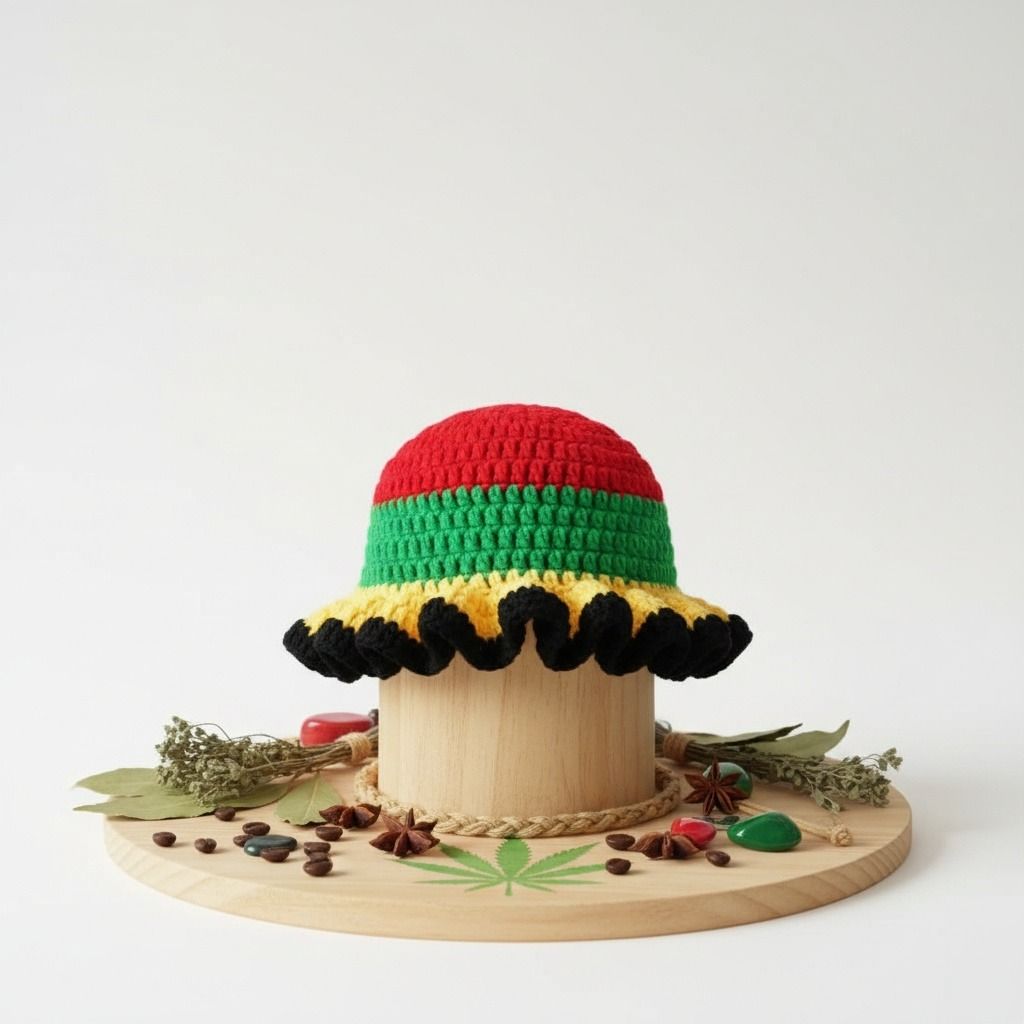 Red Crochet Multicolor Ruffle Bucket Hat Women