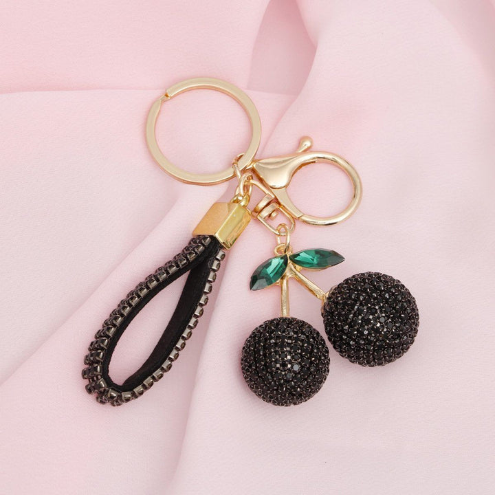Keychain Black Rhinestone Crusted Cherry Bag clip