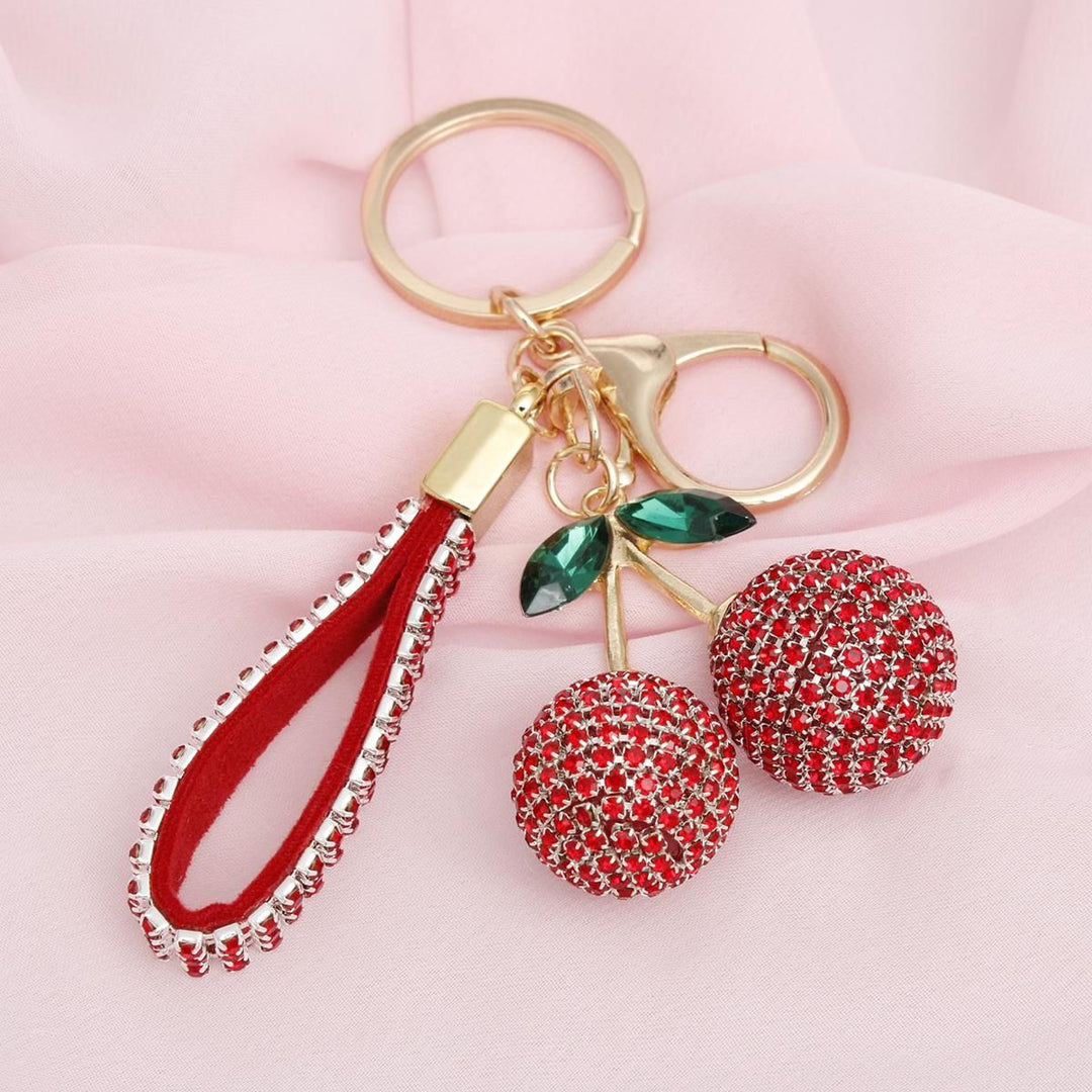 Keychain Red Rhinestone Crusted Cherry Bag clip