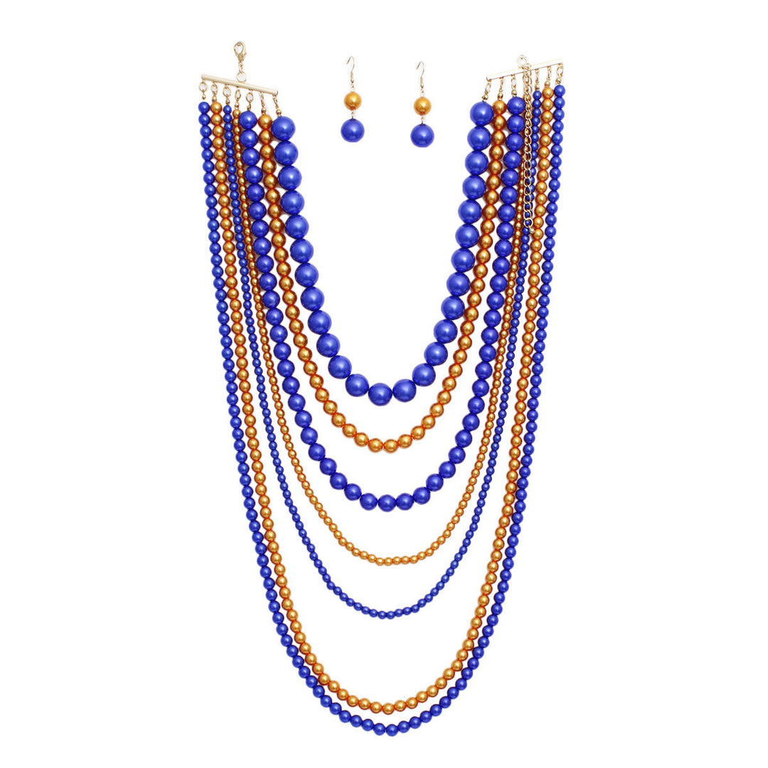 SGRHO Sorority Blue Gold Pearl Long 7 Row Necklace
