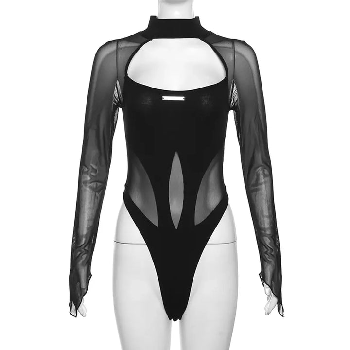 Goth Dark Sheer Mesh Long Sleeve Bodysuit