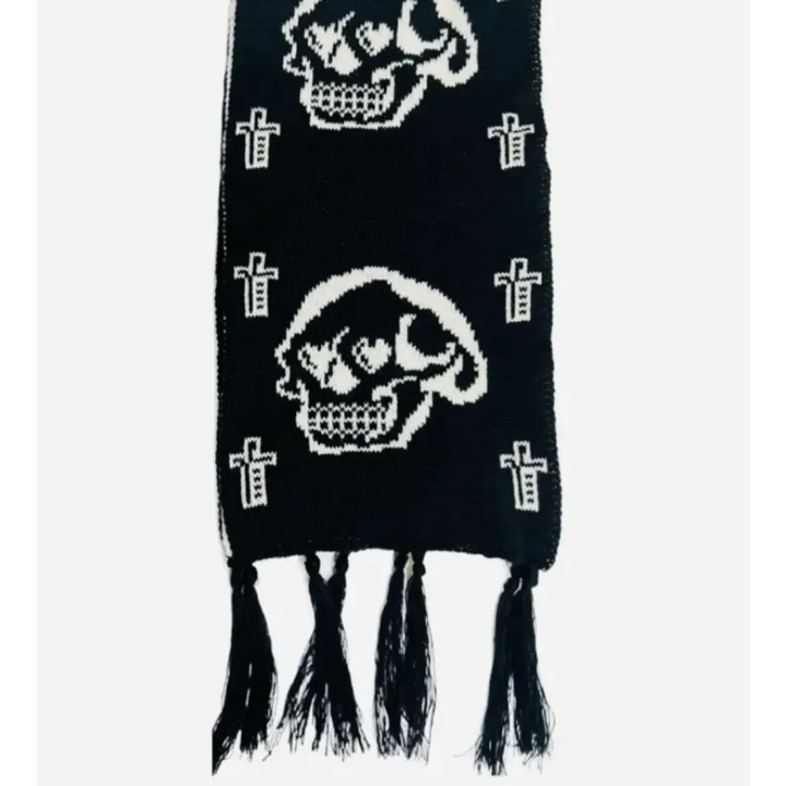 Black & White Y2K Harajuku Scarf – Gothic Cat Print with Tassels