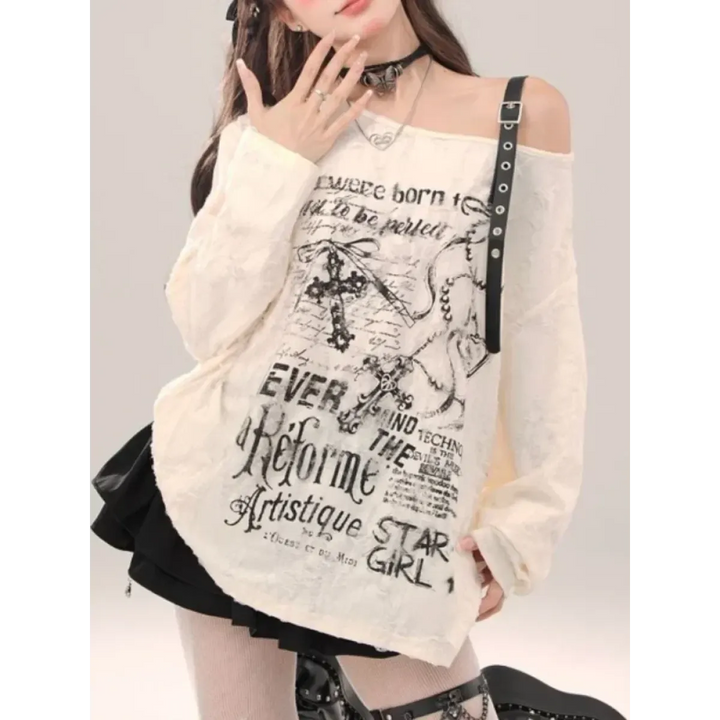 Off-Shoulder Gothic Grunge Tee – Harajuku Dark Aesthetic Top