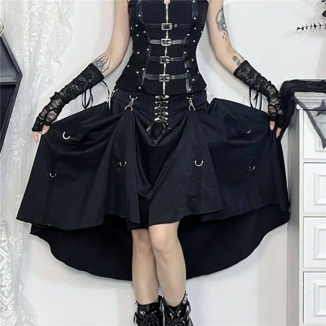 Gothic High Waist Ruffle Skirt – Punk Grunge Corset A-Line Skirt
