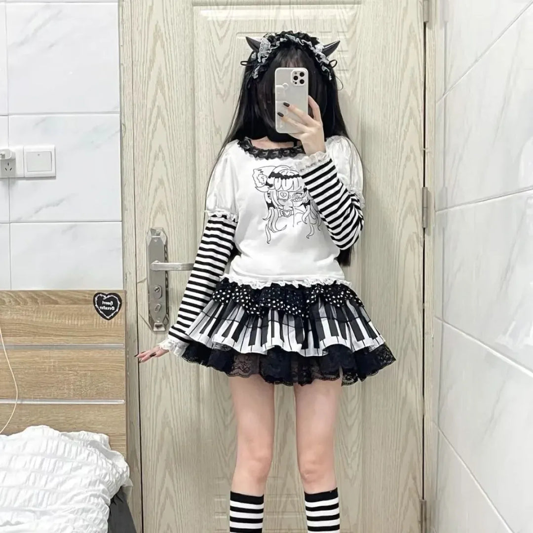 Piano Skirt – Gothic Lolita Polka Dot Lace