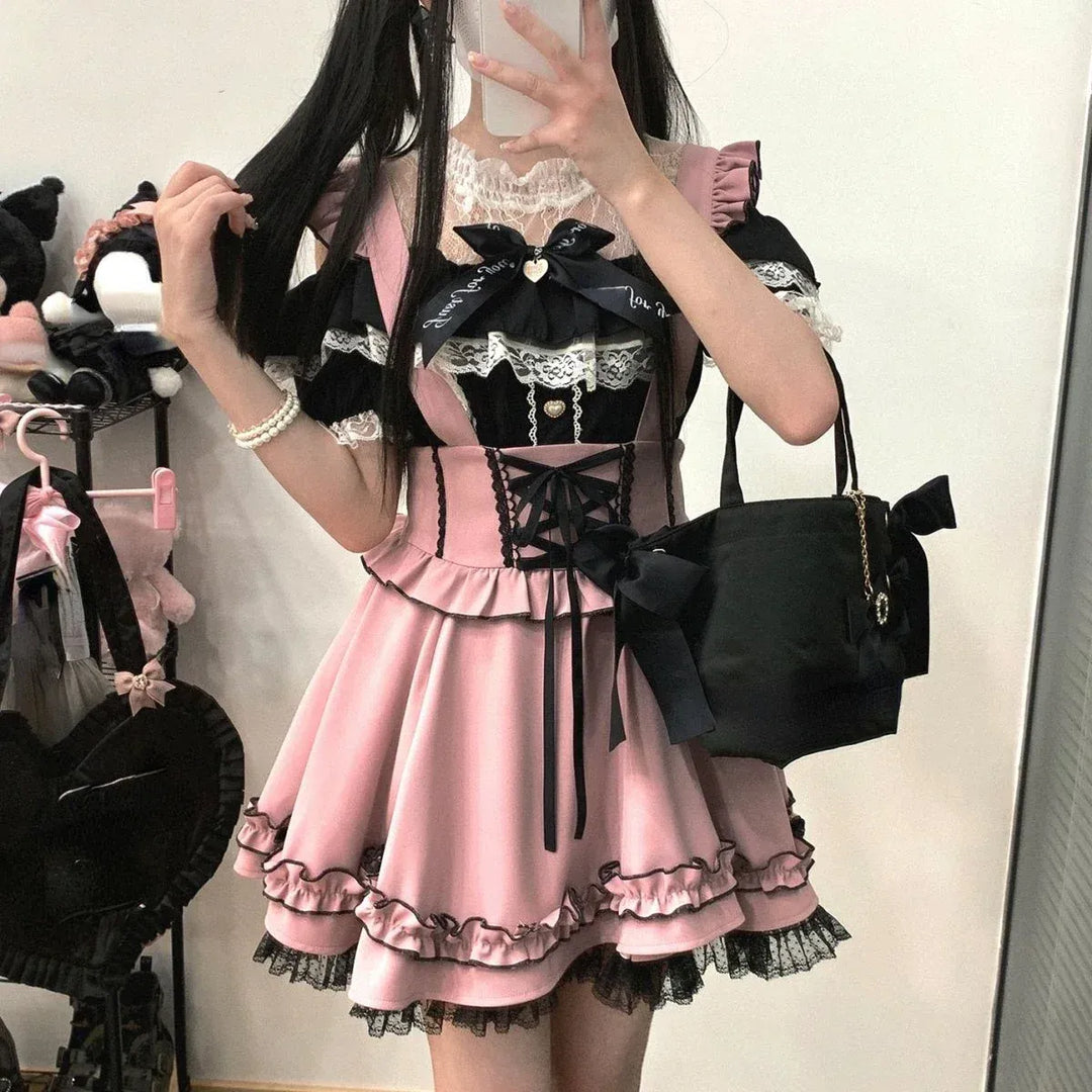 Gothic Lolita Suspender Skirt – Ruffle Lace Bow Mini Skirt
