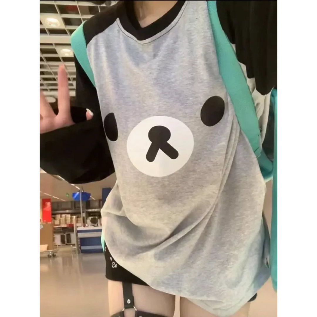 Gray Kawaii Bear Oversized T-Shirt – Harajuku Long Sleeve Top Y2K Style