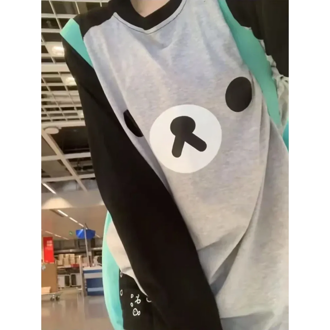 Gray Kawaii Bear Oversized T-Shirt – Harajuku Long Sleeve Top Y2K Style