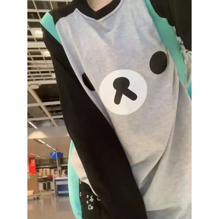 Gray Kawaii Bear Oversized T-Shirt – Harajuku Long Sleeve Top Y2K Style