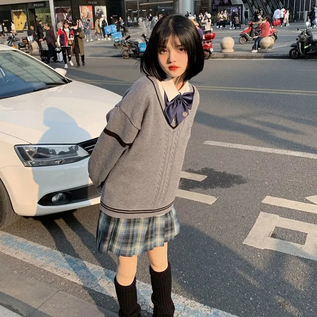 Gray Preppy Knitted Sweater – Vintage Oversized Japanese Style Pullover