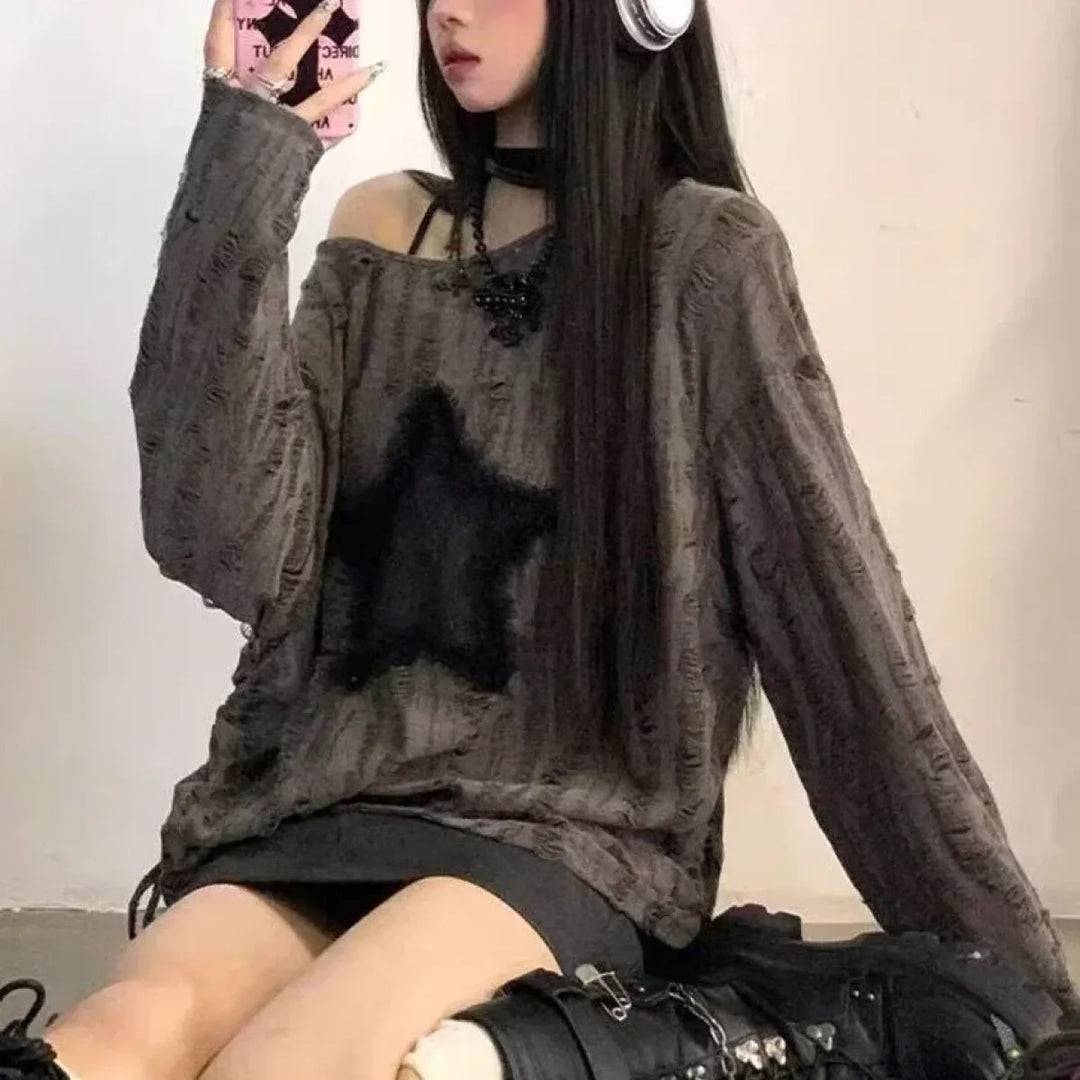Grunge Star Print Distressed T-Shirt