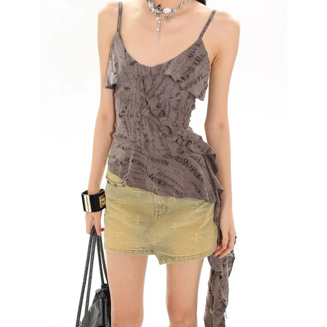 Asymmetrical Ruffle Tank Top – Grunge Y2K Punk Streetwear