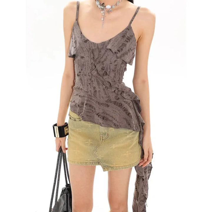 Asymmetrical Ruffle Tank Top – Grunge Y2K Punk Streetwear