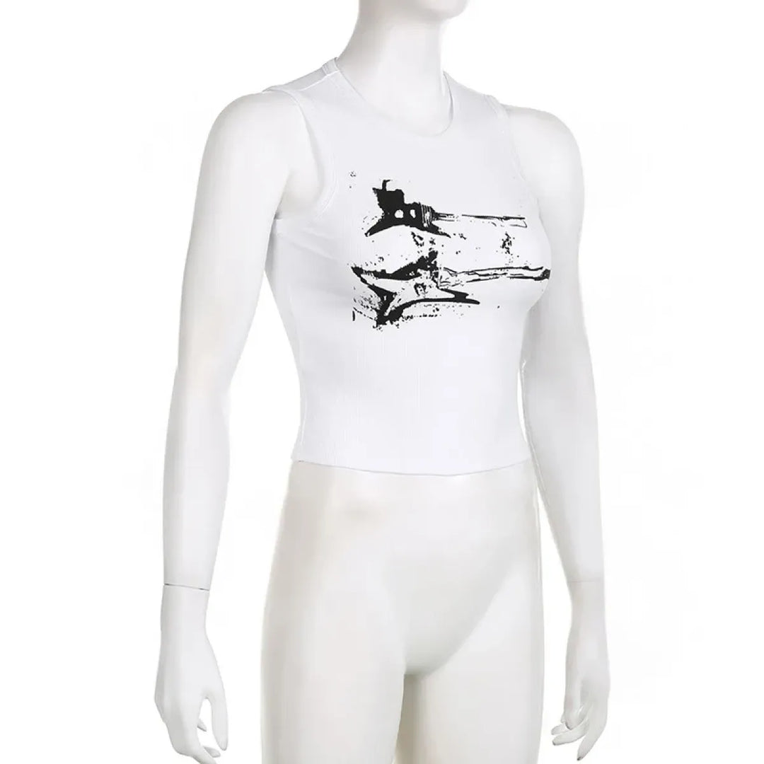 Guitar Print Tank Top - Ribbed Grunge Crop Top