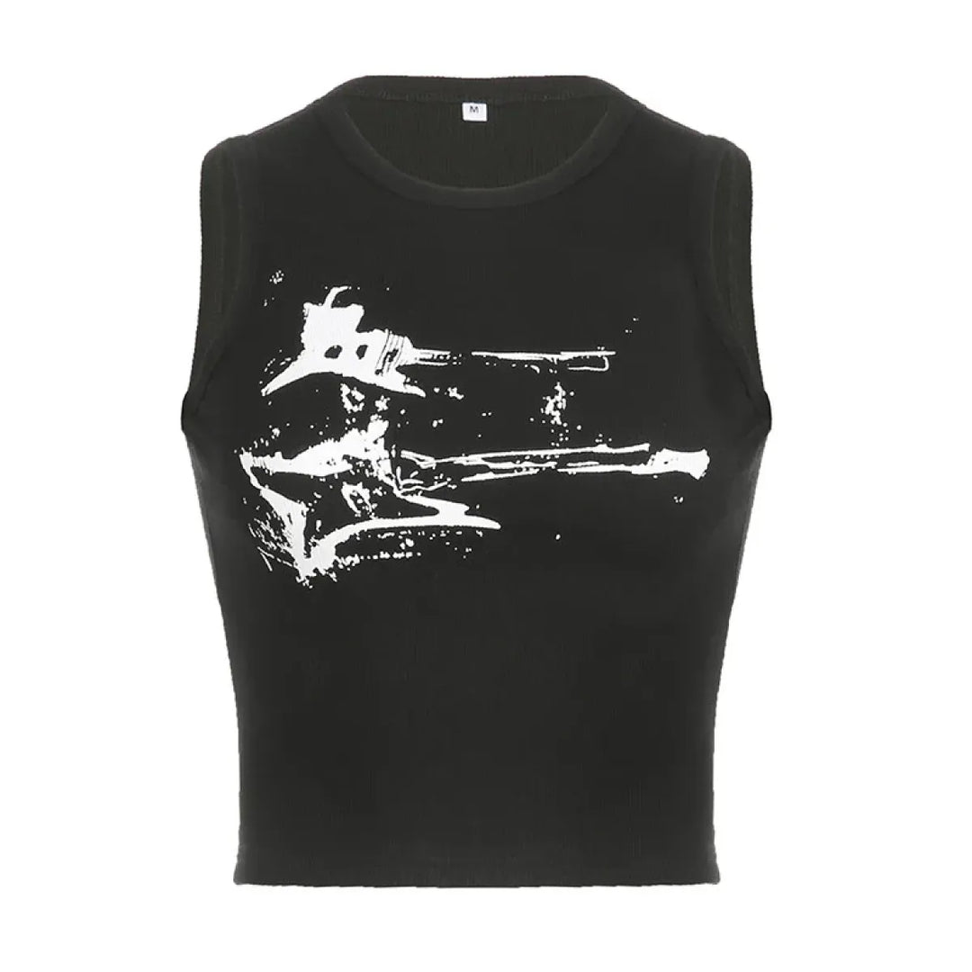Guitar Print Tank Top - Ribbed Grunge Crop Top