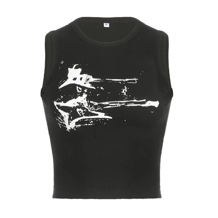 Guitar Print Tank Top - Ribbed Grunge Crop Top