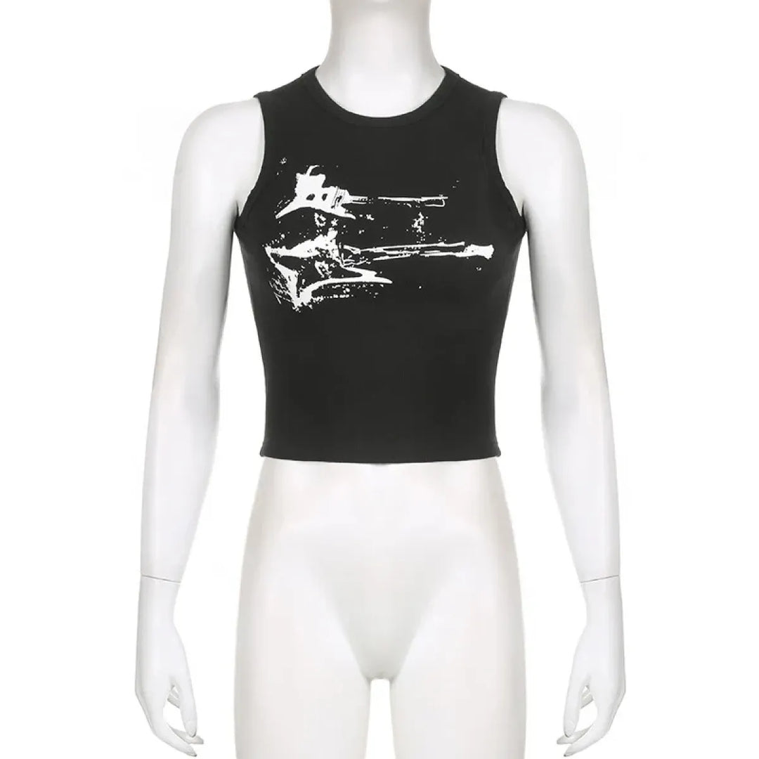 Guitar Print Tank Top - Ribbed Grunge Crop Top