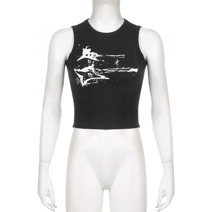 Guitar Print Tank Top - Ribbed Grunge Crop Top