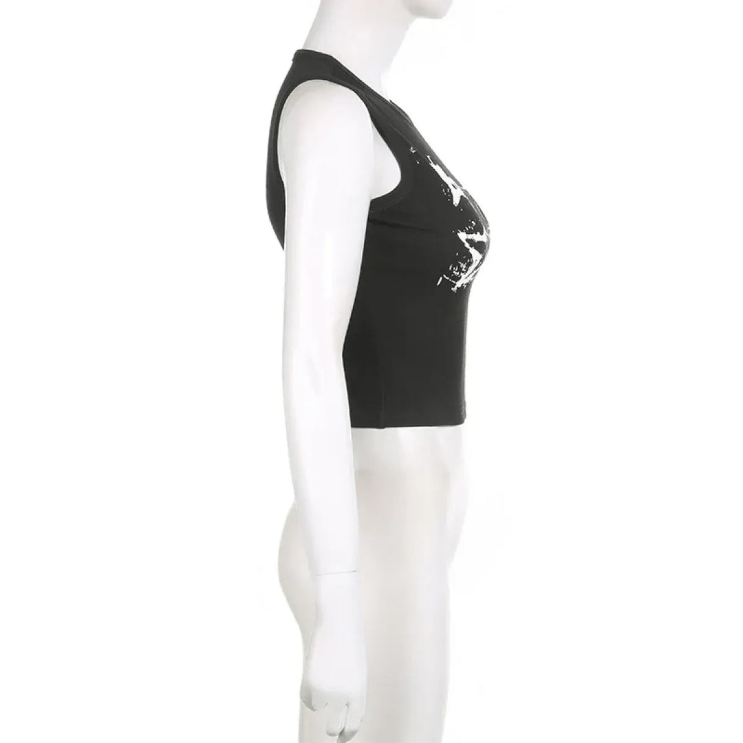 Guitar Print Tank Top - Ribbed Grunge Crop Top