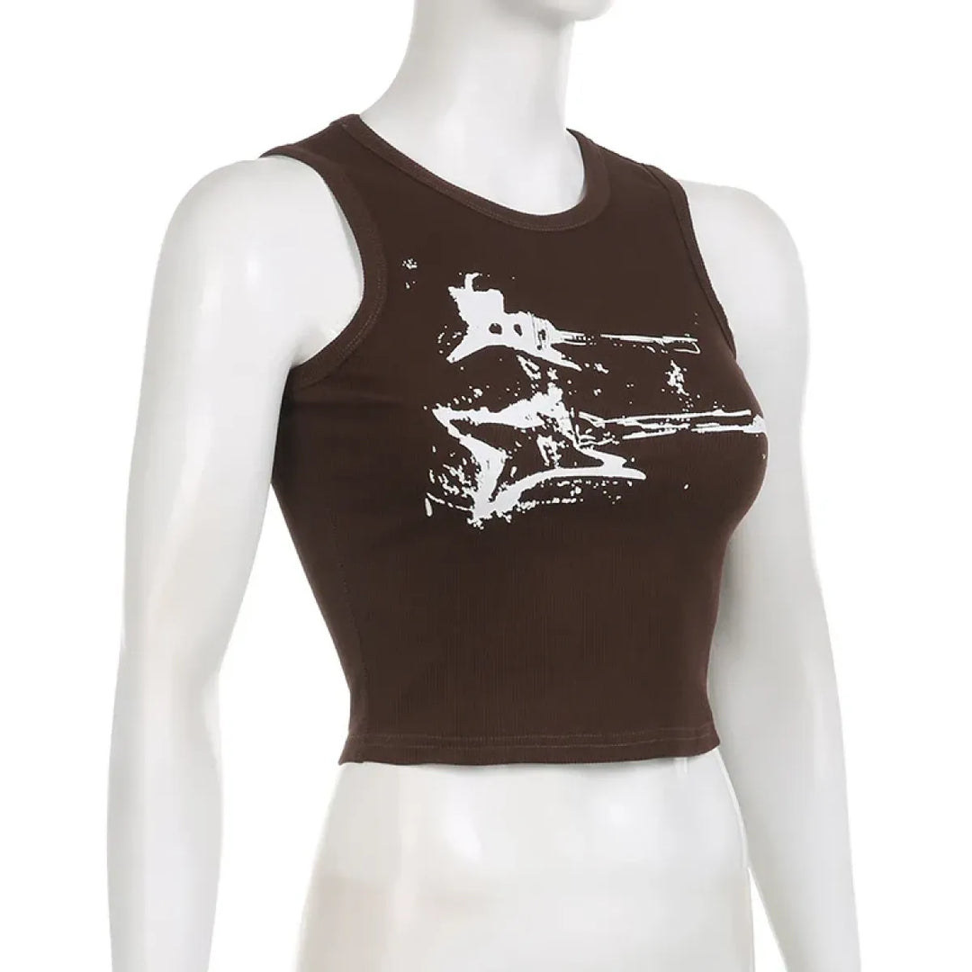Guitar Print Tank Top - Ribbed Grunge Crop Top