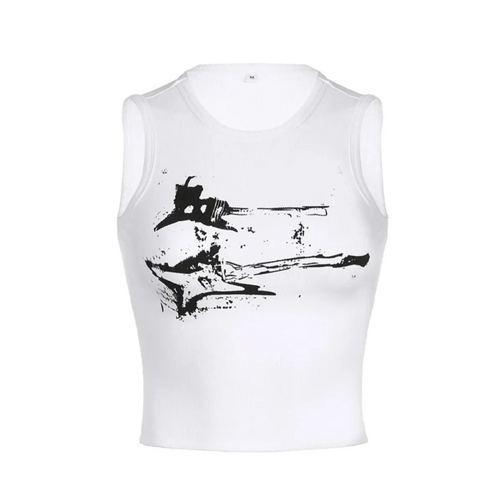 Guitar Print Tank Top - Ribbed Grunge Crop Top