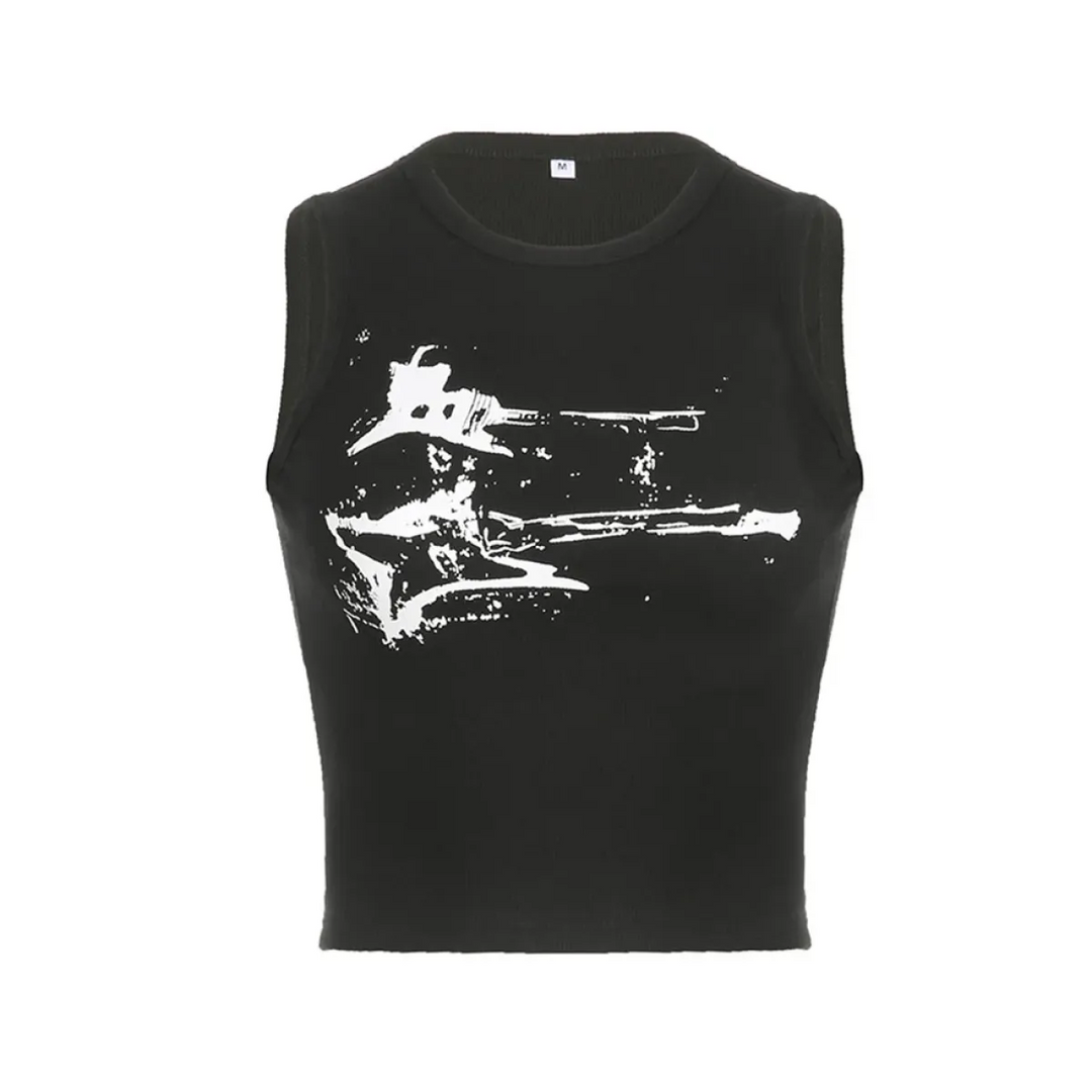 Guitar Print Tank Top - Ribbed Grunge Crop Top
