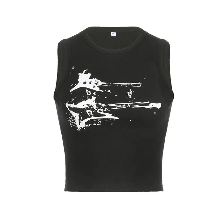 Guitar Print Tank Top - Ribbed Grunge Crop Top