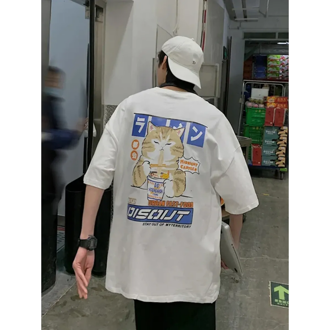 Harajuku Cat Eating Noodles Graphic Tee