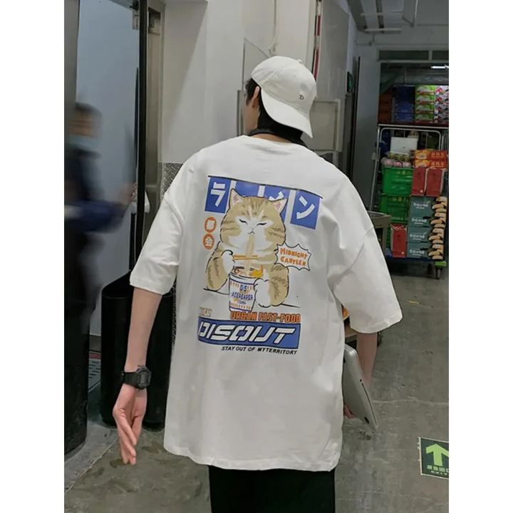 Harajuku Cat Eating Noodles Graphic Tee