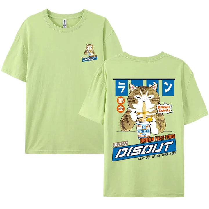 Harajuku Cat Eating Noodles Graphic Tee