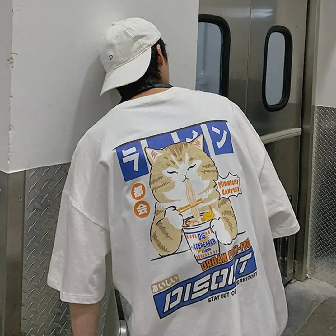 Harajuku Cat Eating Noodles Graphic Tee