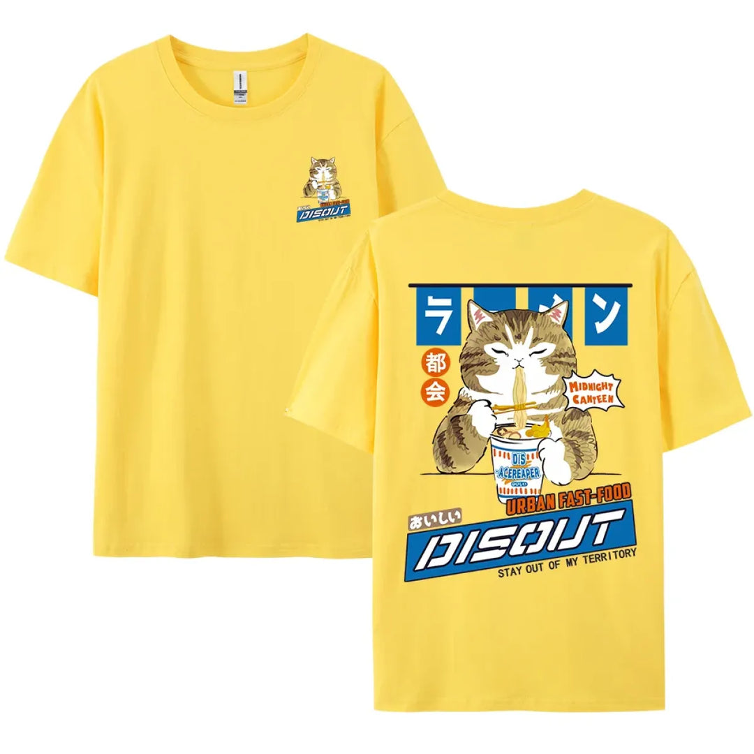 Harajuku Cat Eating Noodles Graphic Tee