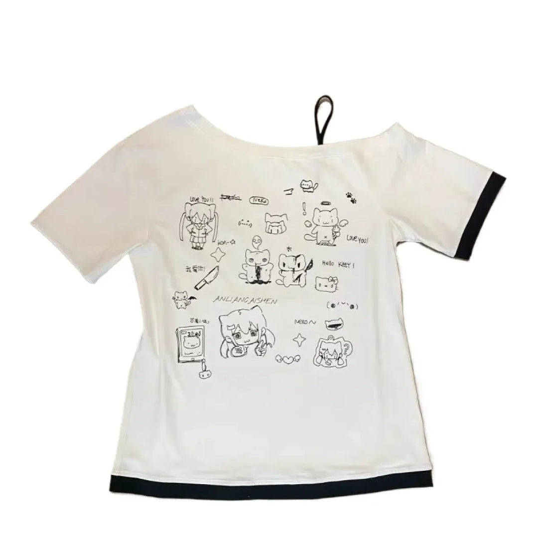 Harajuku Kawaii Cartoon Print Loose Tee – Gothic Sweet Style