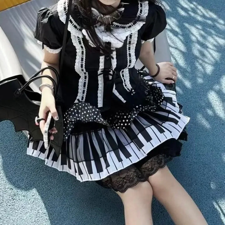 Piano Print Cake Skirt – Harajuku Punk Y2K Lace Trimmed