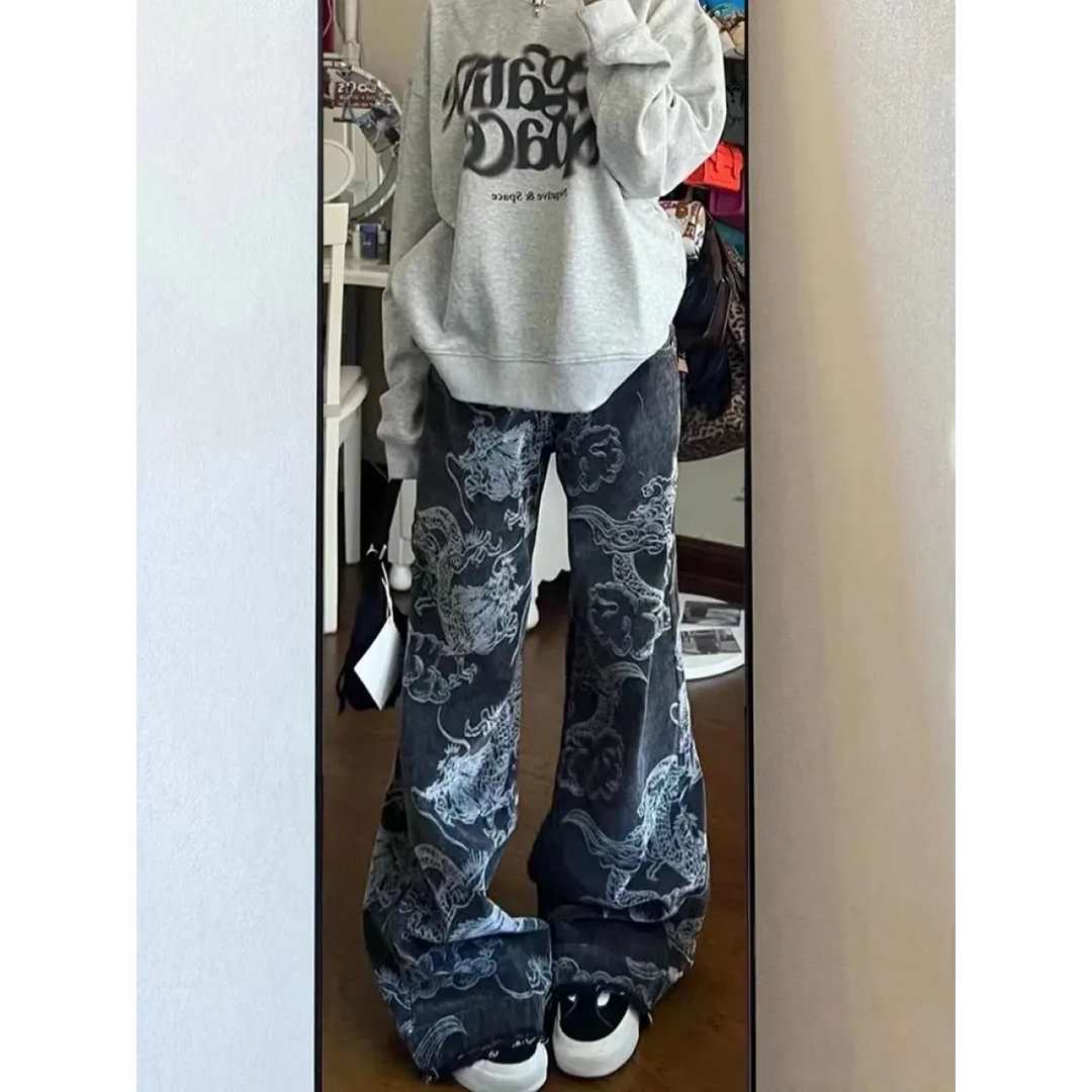 Gothic Dragon Print Baggy Jeans – Harajuku Y2K Aesthetic Denim