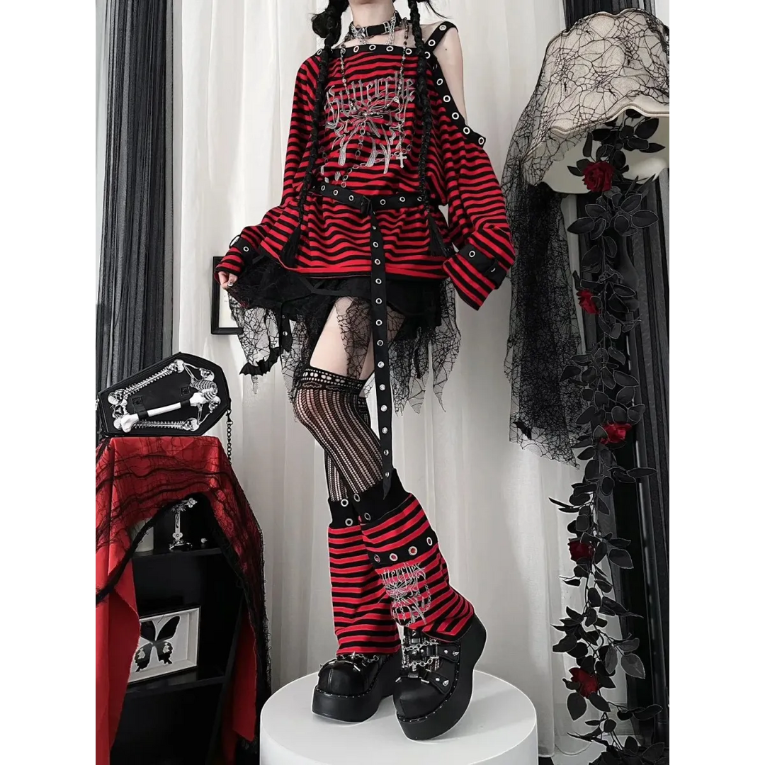 Striped Gothic Punk Top & Leg Warmers – Harajuku Y2K Grunge