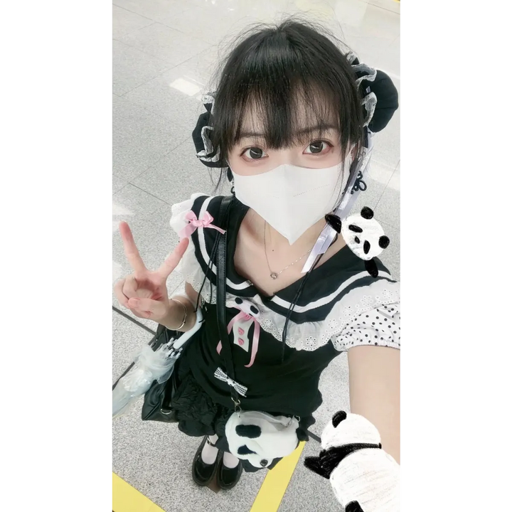 Kawaii Panda Embroidered Sailor Top – Harajuku Y2K Lace Tee