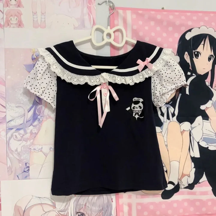 Kawaii Panda Embroidered Sailor Top – Harajuku Y2K Lace Tee