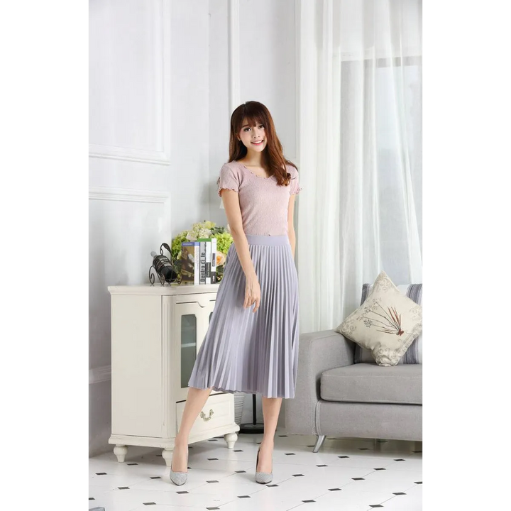 High Waist Pleated Length Elastic Skirt