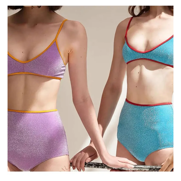 Glitter Bikini Set – High Waist Shiny Contrast Trim Beachwear