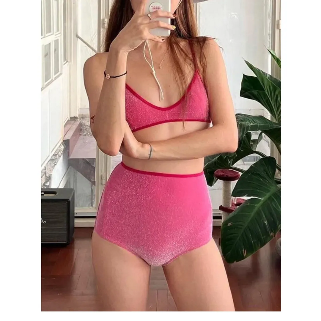 Glitter Bikini Set – High Waist Shiny Contrast Trim Beachwear