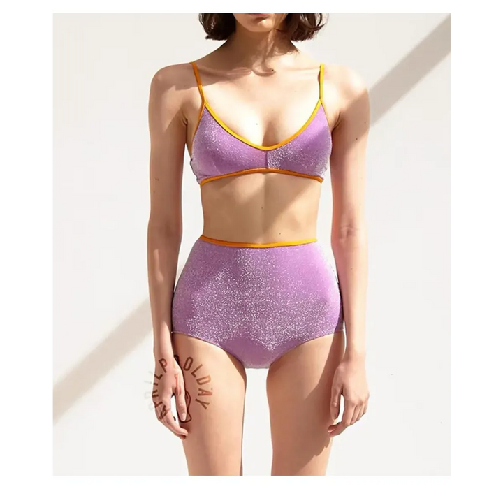 Glitter Bikini Set – High Waist Shiny Contrast Trim Beachwear