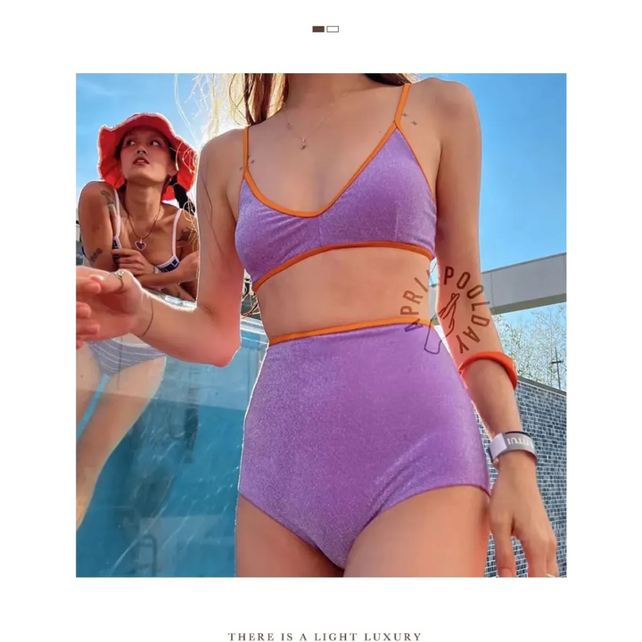 Glitter Bikini Set – High Waist Shiny Contrast Trim Beachwear