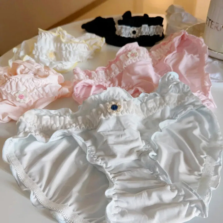 Sweet Girl Ruffle Lace Panties – Ice Silk Mid-Waist Cotton Briefs